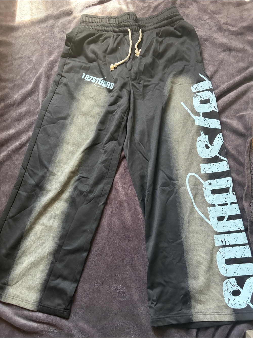 Kids Black Graphic Sweatpants with Light Blue Print